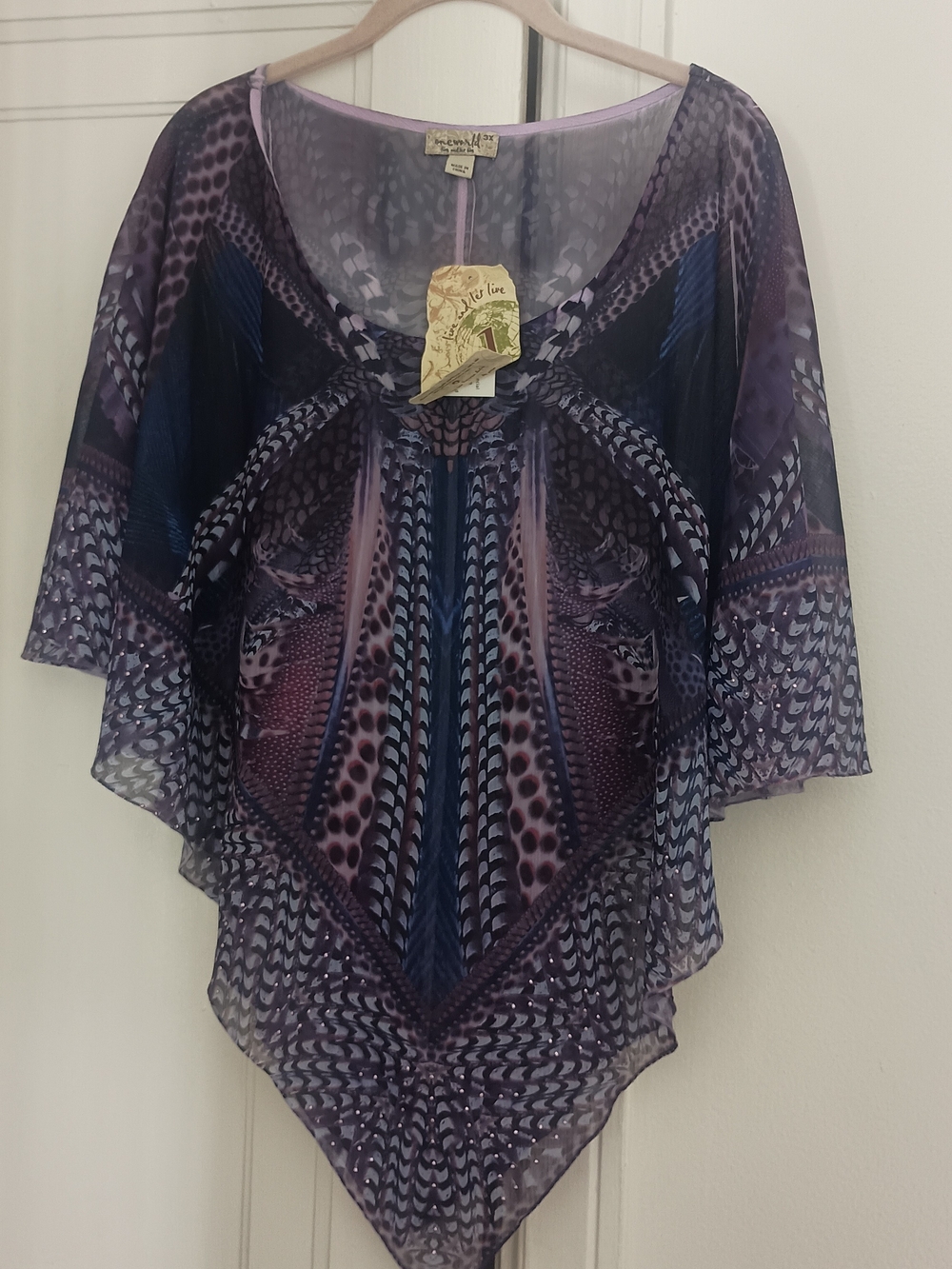 ONE WORLD Sheer V-Neck Tunic in Purple and Blue Print